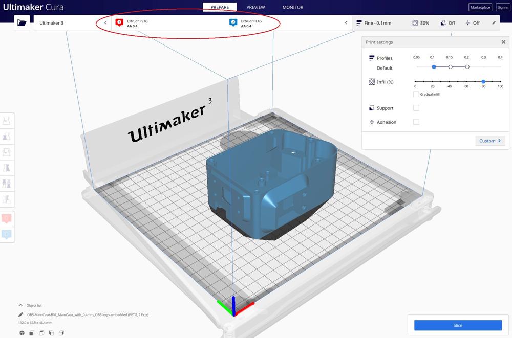 2. Einstellung auf PETG und 2 Extruder