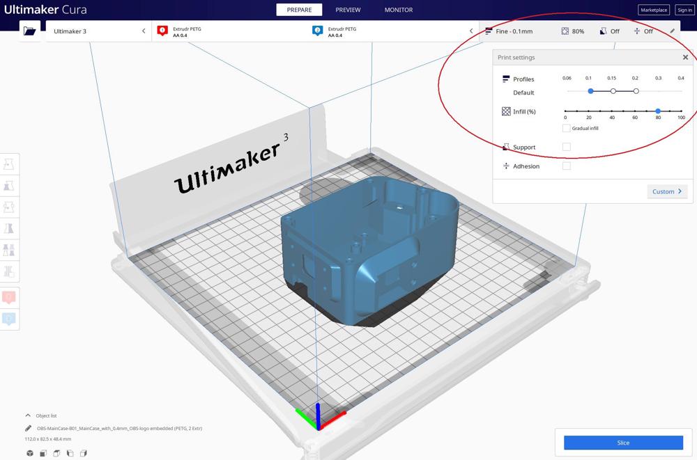 3. Settings für Druckdichte (Infill), Support, Düsendurchmesser