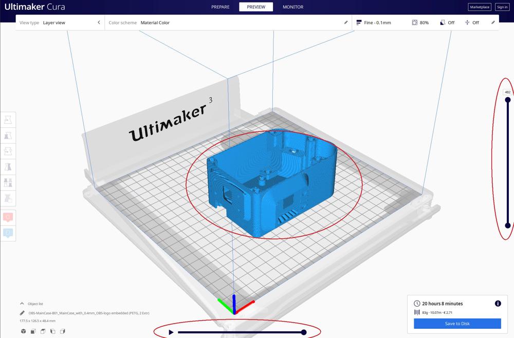 2. Slicing information gibt es im Preview, mit den beiden Schiebern unten und rechts kann man jede einzelne Bahn des Extruders verfolgen